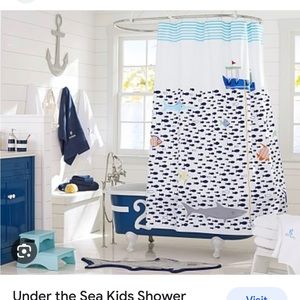 Pottery Barn Kids Shower Curtain Under The Sea Fish & Friends Boat Anchor Blue